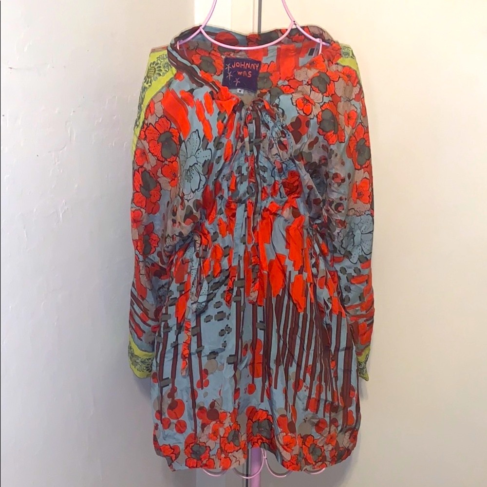 🎁Like New Designer Johnny Was Red/Blue 100% Silk Tunic/Mini Dress- Small (6-8)